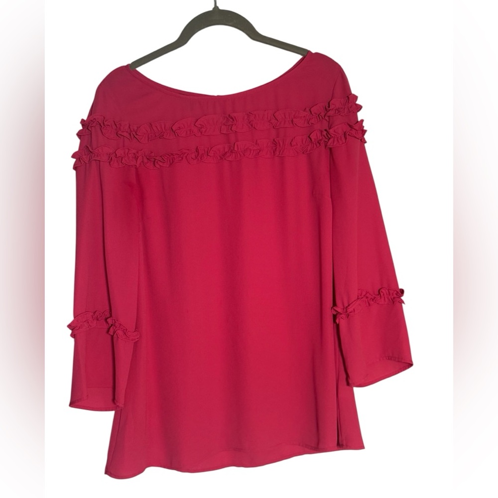 Ruffle Trim Tunic Top Raspberry Pink Long Sleeve Party Cocktail Blouse